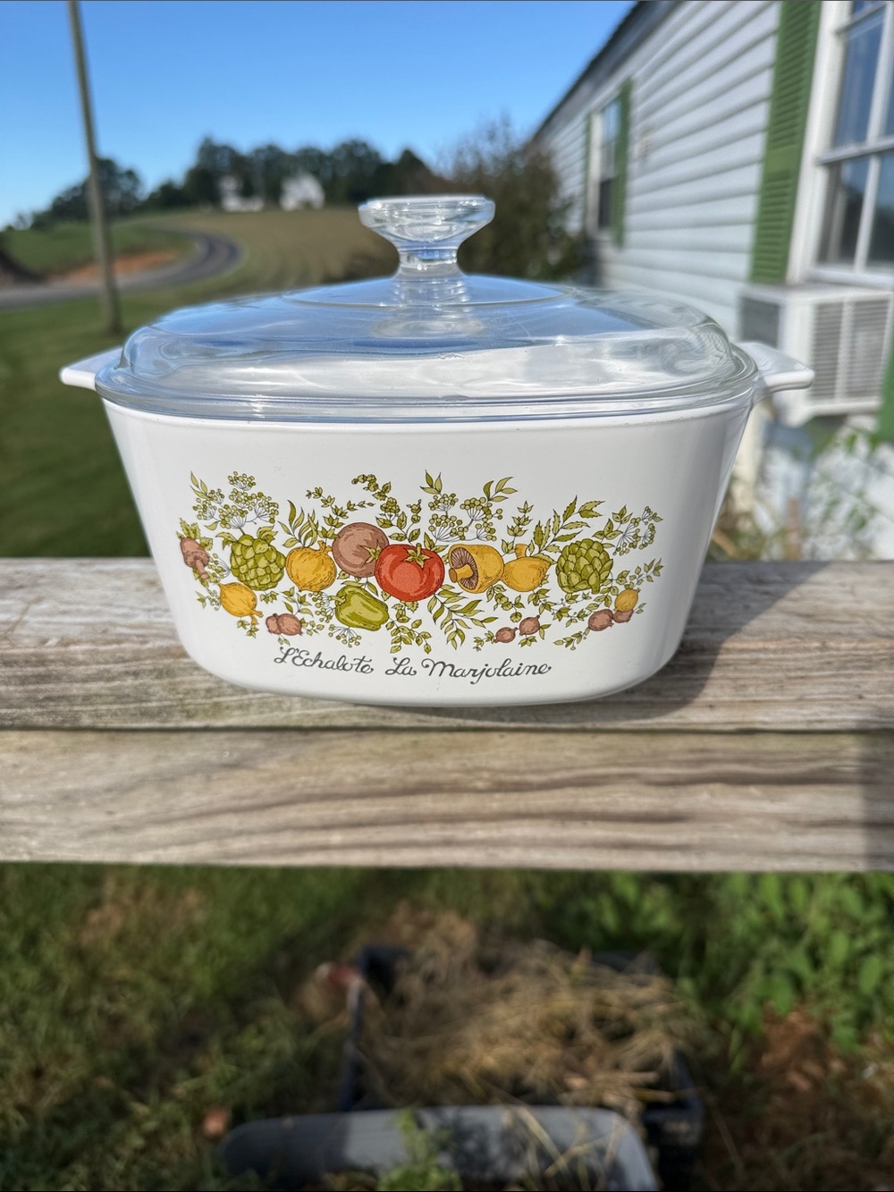 Corningware White Casserole with Fruit & Herb Pattern and Clear Lid